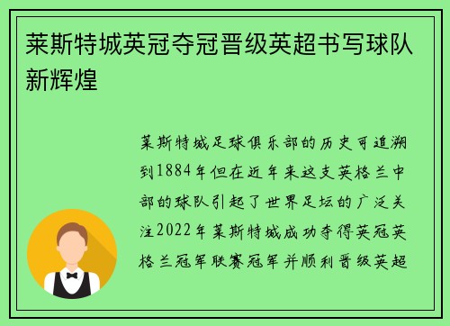 莱斯特城英冠夺冠晋级英超书写球队新辉煌